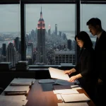 Linda Sun holding classified folder with her husband Chris Hu standing beside in a dim office with NYC skyline in background.