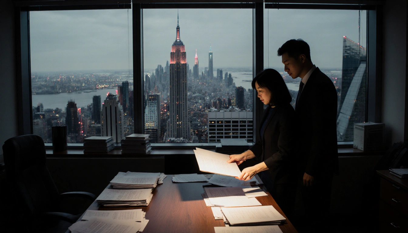 Linda Sun holding classified folder with her husband Chris Hu standing beside in a dim office with NYC skyline in background.