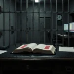 Black leather book opens to redacted documents with glowing screens and scattered paperwork.