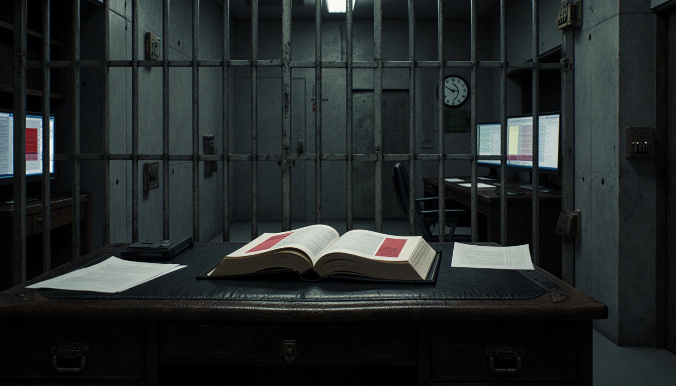 Black leather book opens to redacted documents with glowing screens and scattered paperwork.