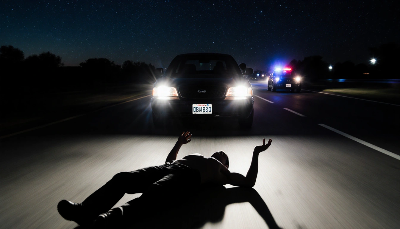 Speeding car rattles past a surrendering figure with police lights flashing over a starry Texas night sky
