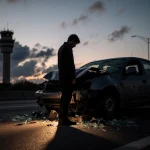 Lone figure standing beside twisted car on highway with streetlight and airport tower in background