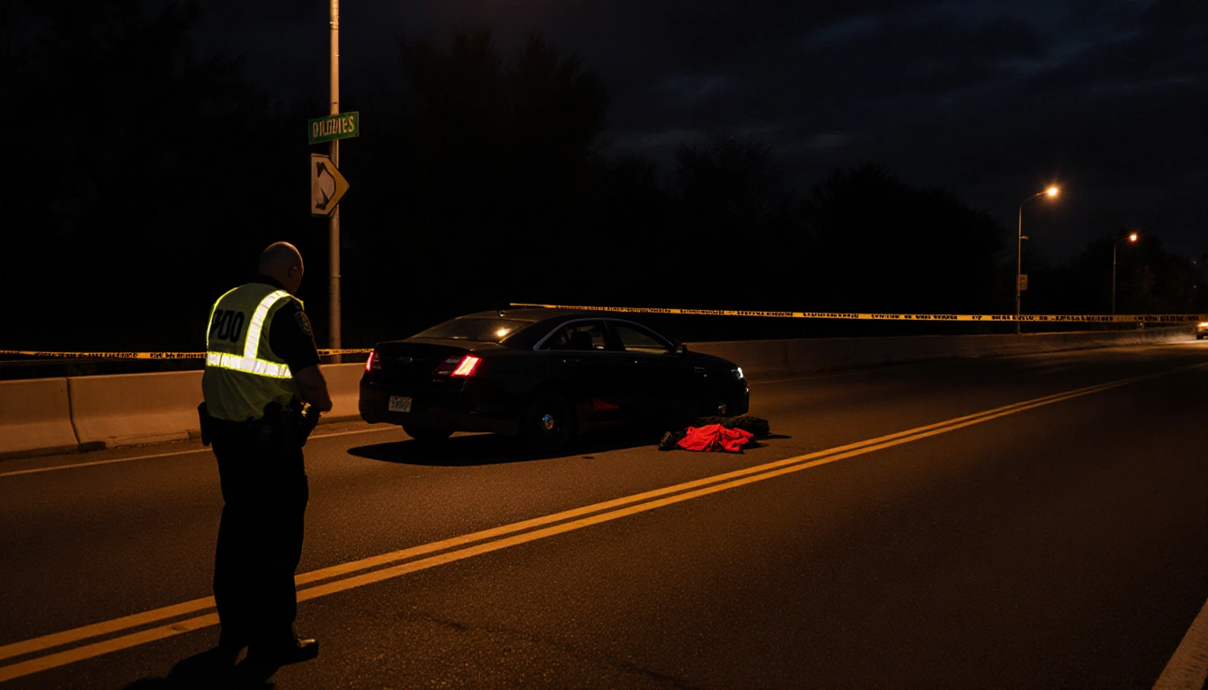 APD officer gazing at black vehicle on MoPac highway that skidded to stop with reflective vest and crime scene markers.