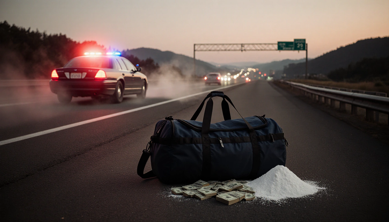Police lights illuminate sedan interior with duffel bag showing white powder and cash on highway dawn.