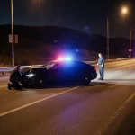 Emergency responders kneeling beside damaged black sedan with flashing police lights and warm nighttime glow