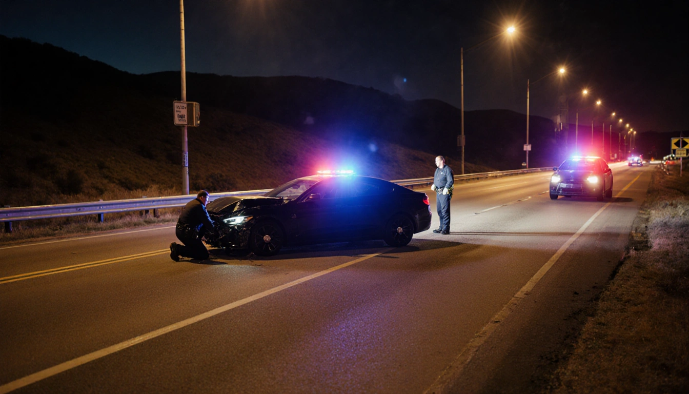 Emergency responders kneeling beside damaged black sedan with flashing police lights and warm nighttime glow