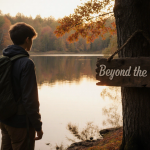 Teen hiker standing at lake edge with worn wooden sign and backpack gazing over golden autumn waters.