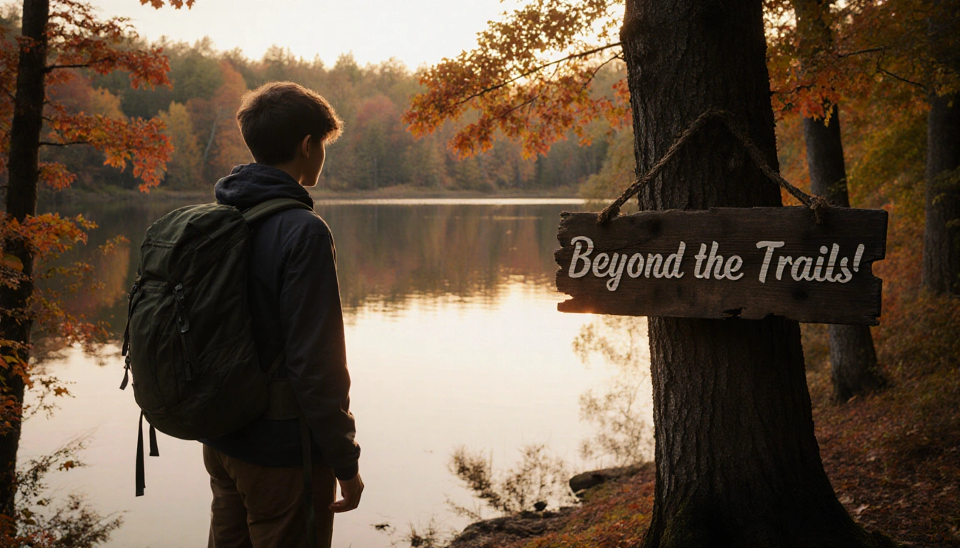 Teen hiker standing at lake edge with worn wooden sign and backpack gazing over golden autumn waters.