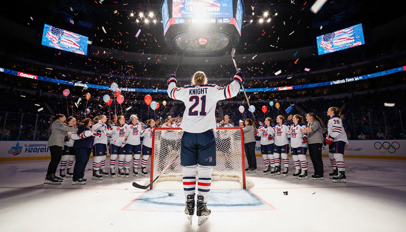 Hilary Knight raising her stick high with jersey number 21 and scoreboard showing 4-1