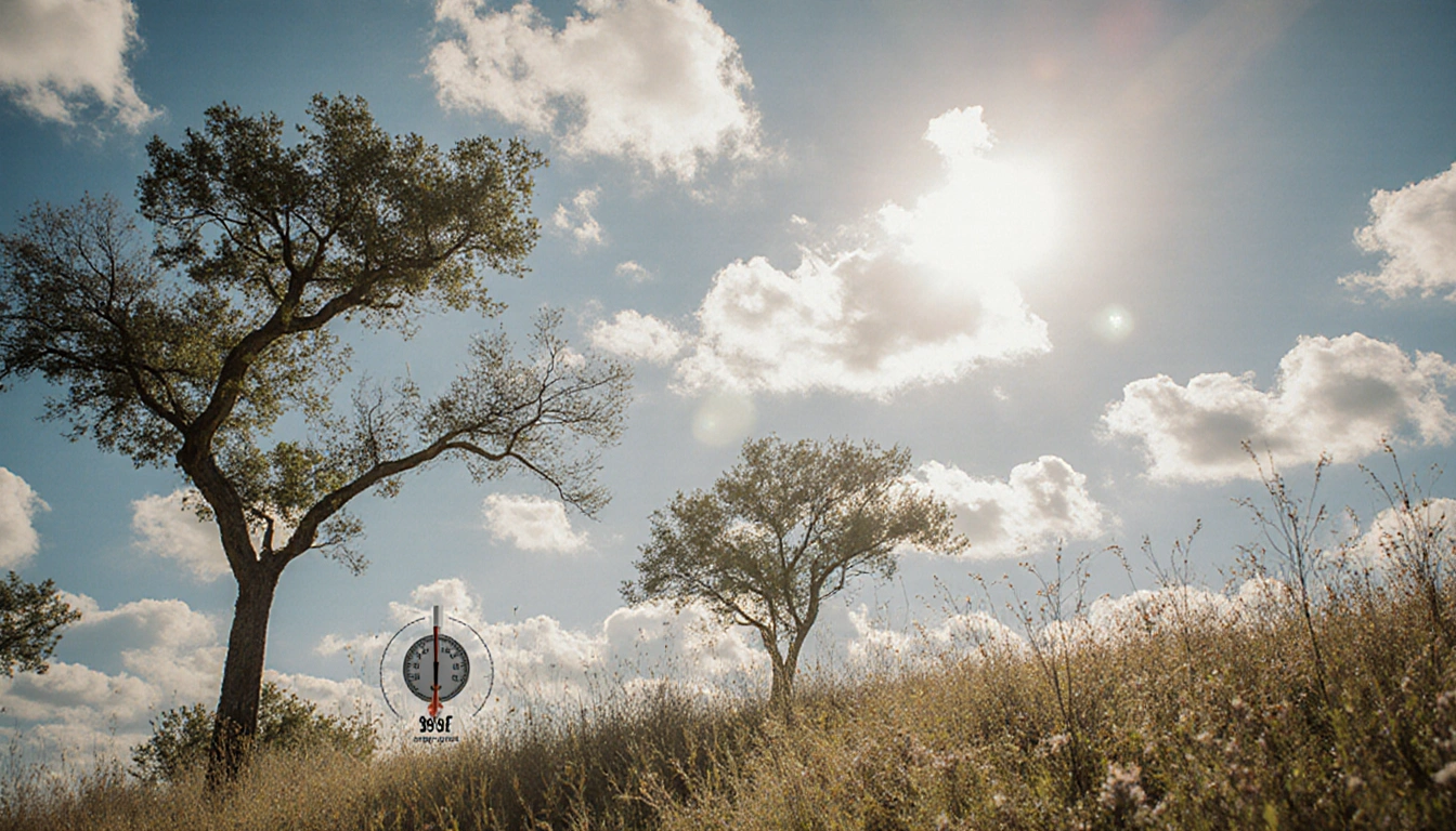 Thermometer displays 80°F with bright sun and swaying trees in background.