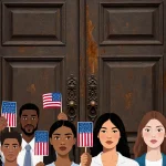 Diverse crowd stands before ornate iron‑eagle door holding flags with voting cards beside historic courthouse.