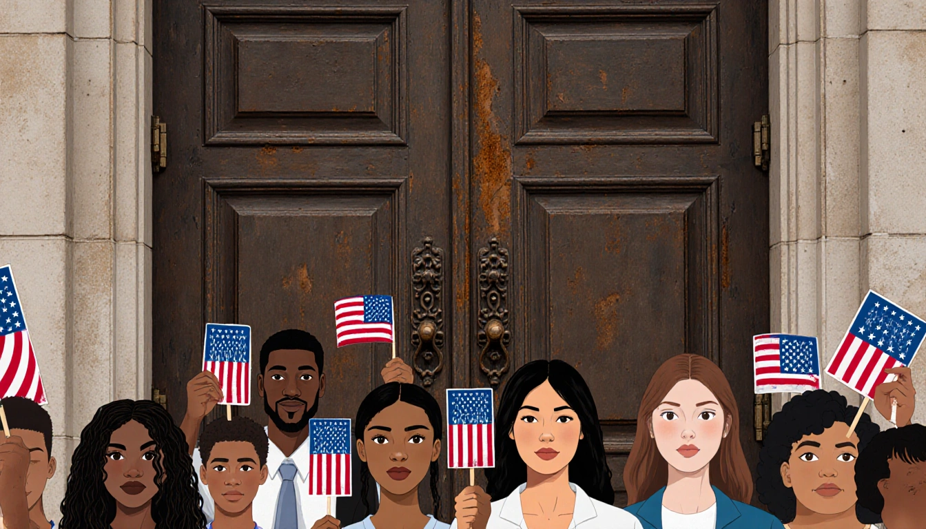 Diverse crowd stands before ornate iron‑eagle door holding flags with voting cards beside historic courthouse.