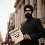 Zohran Mamdani stands in front of New York City Hall holding a scroll with the number 112 in Muslim attire under golden light