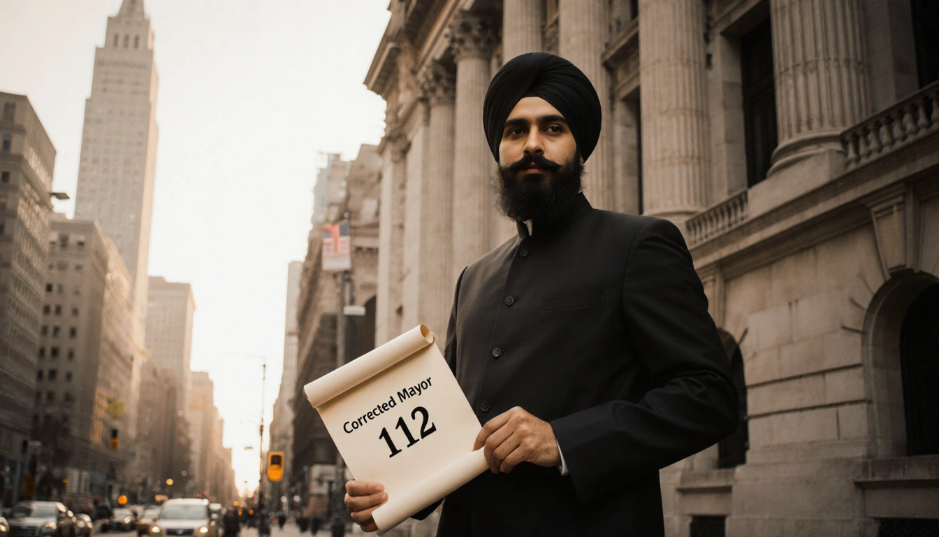 Zohran Mamdani stands in front of New York City Hall holding a scroll with the number 112 in Muslim attire under golden light