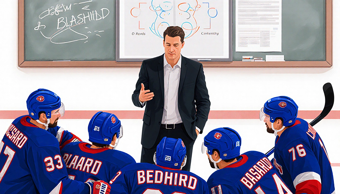 Hockey players huddle around Coach Jeff Blashill with a whiteboard of strategy behind them