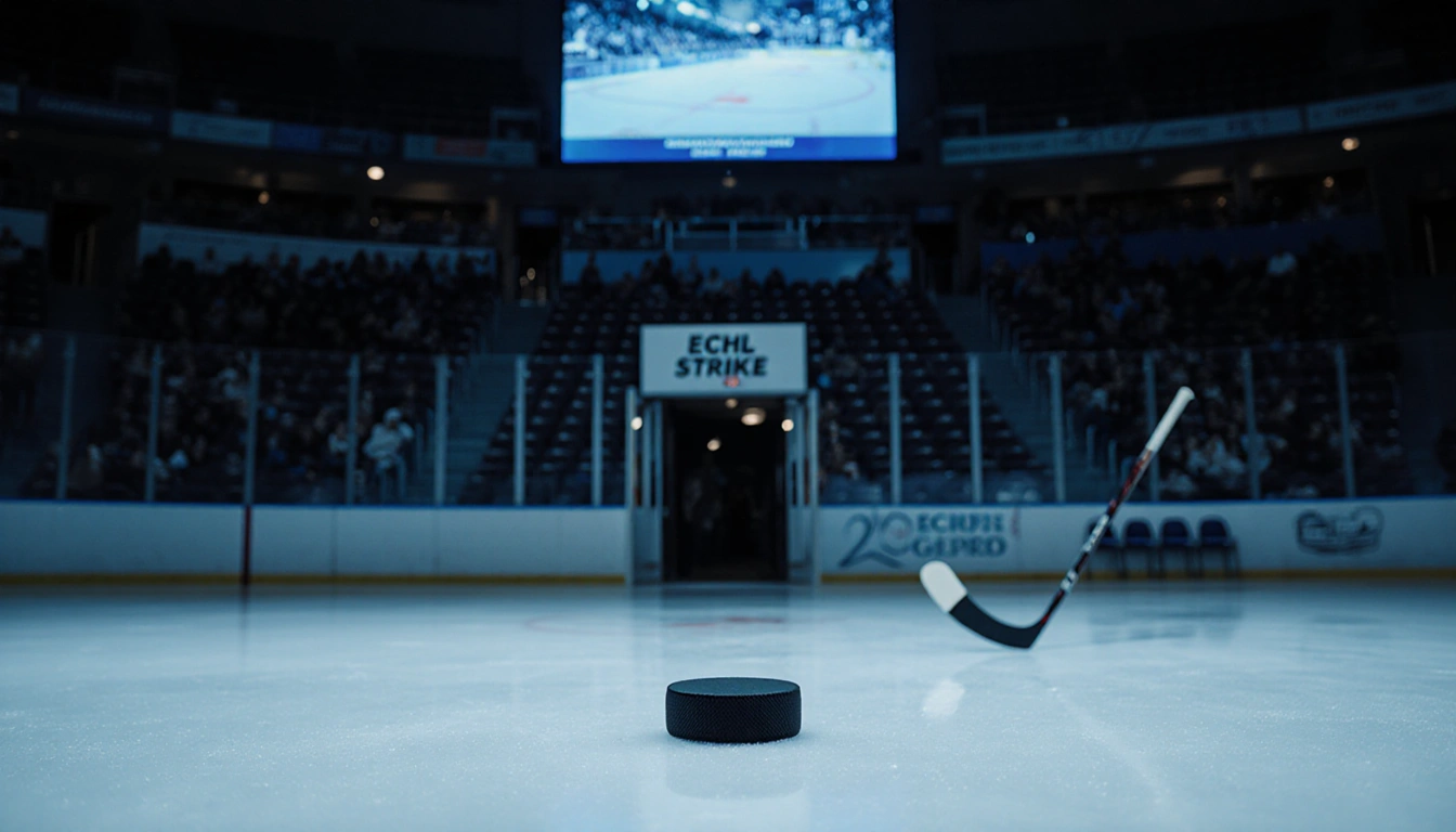 Hockey puck lying abandoned on ice with chairs and lone stick leaning against the wall in an arena showing a strike.