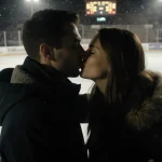 Shane Hollander leaning into Ilya Rozanov sharing an intimate kiss with warm golden light over a snowy hockey rink