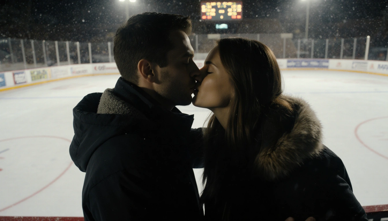 Shane Hollander leaning into Ilya Rozanov sharing an intimate kiss with warm golden light over a snowy hockey rink