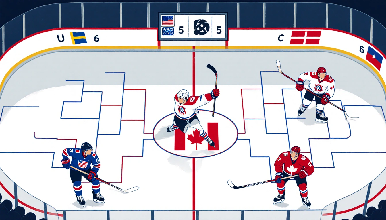 US hockey team celebrates with player holding a stick near a scoreboard showing 6-5 over Slovakia and a Canadian flag