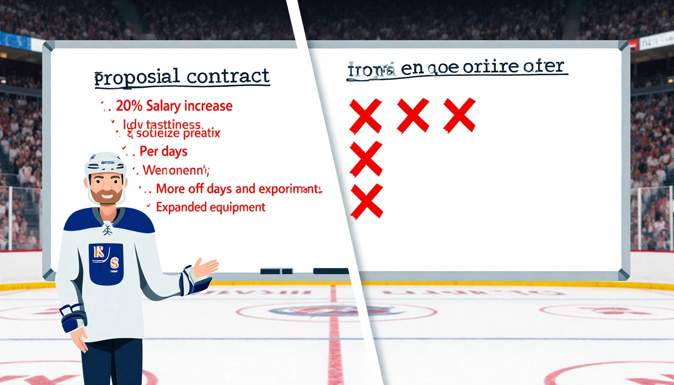 Player stands before whiteboard showing hockey contract increase and benefits with red X marks on the right rink background