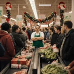 Cashier standing with arms crossed at H‑E‑B near conveyor belts surrounded scattered produce wrapped gifts in a holiday rush