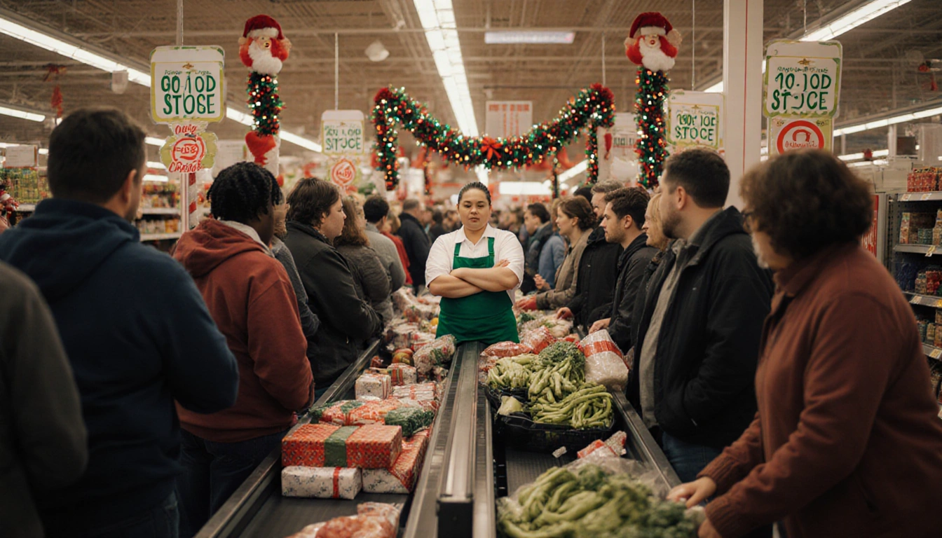 Cashier standing with arms crossed at H‑E‑B near conveyor belts surrounded scattered produce wrapped gifts in a holiday rush
