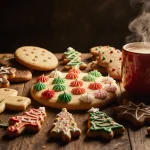 A giant sugar cookie sits with a steaming mug of hot cocoa and rows of assorted Christmas cookies near a rustic wooden table.