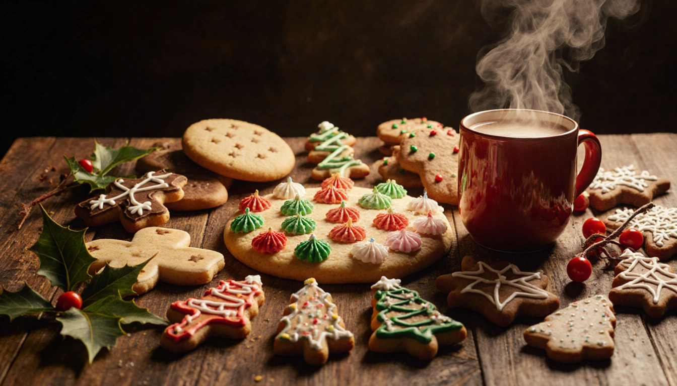 A giant sugar cookie sits with a steaming mug of hot cocoa and rows of assorted Christmas cookies near a rustic wooden table.
