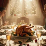 Family members enjoying a holiday dinner with an overflowing turkey bowl and roasted vegetables under warm golden lighting