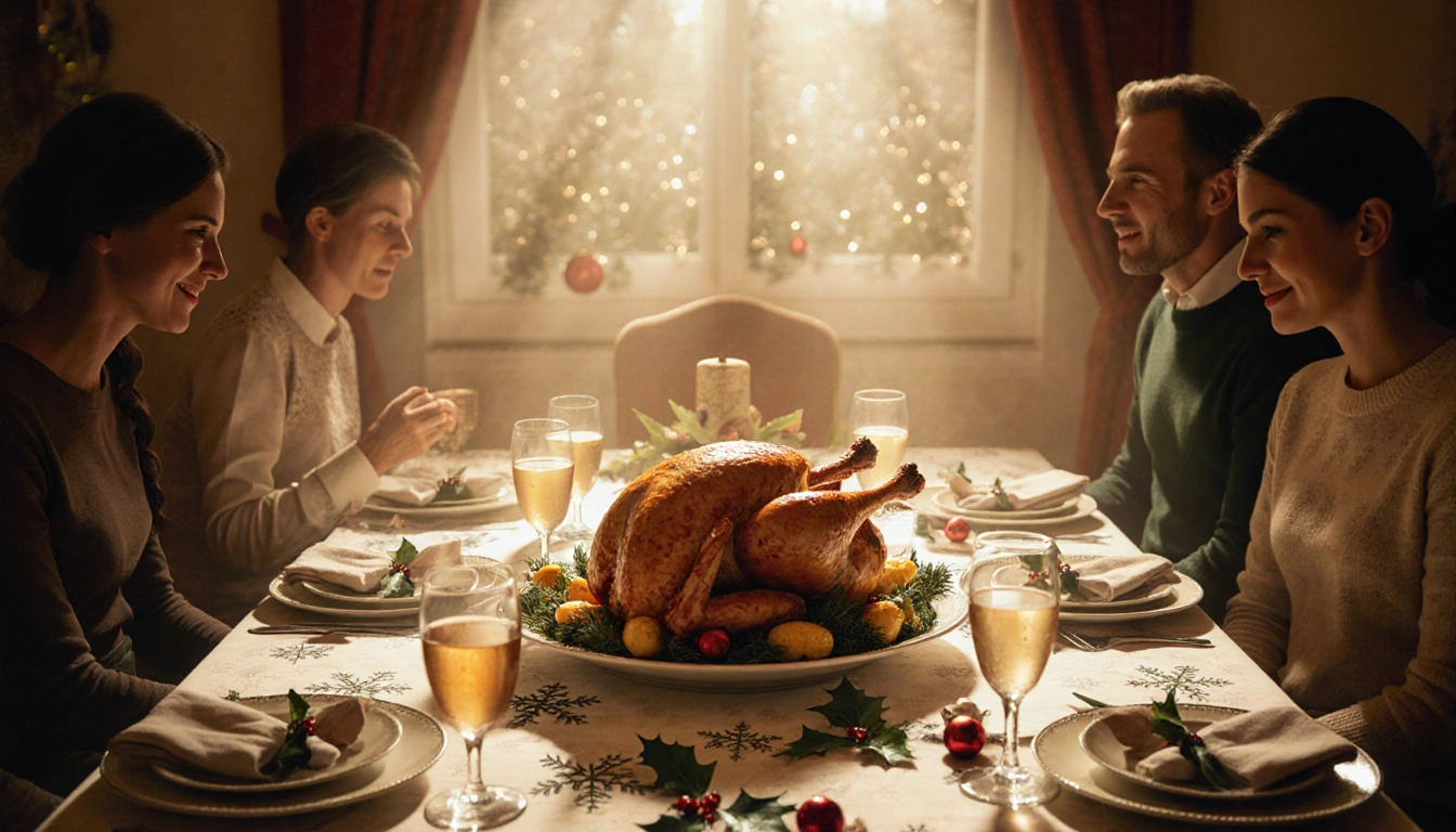 Family members enjoying a holiday dinner with an overflowing turkey bowl and roasted vegetables under warm golden lighting