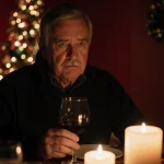 Middle-aged man sipping nearly empty wine with candle light on a dinner table and Christmas lights behind, looking regretful