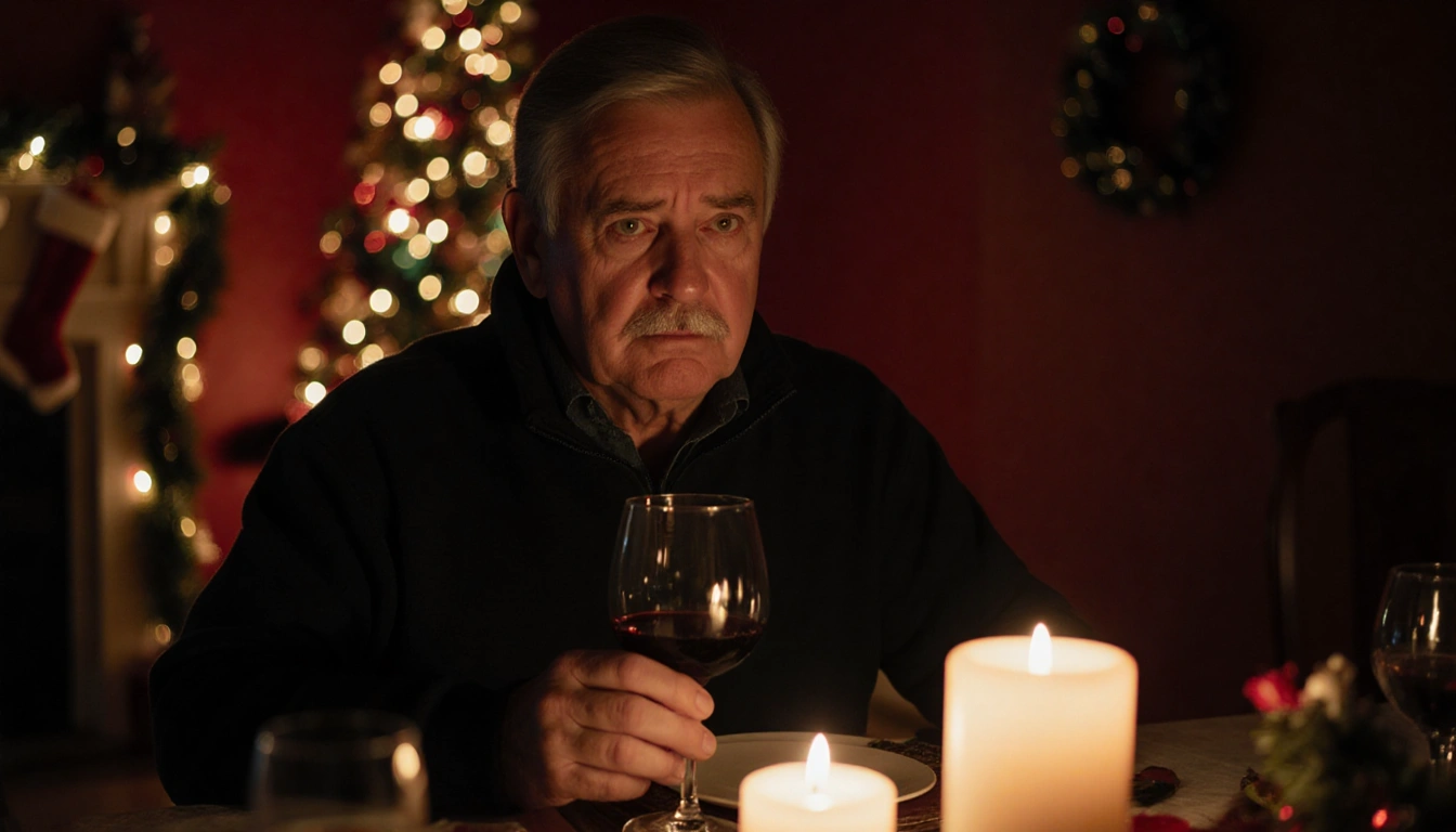 Middle-aged man sipping nearly empty wine with candle light on a dinner table and Christmas lights behind, looking regretful
