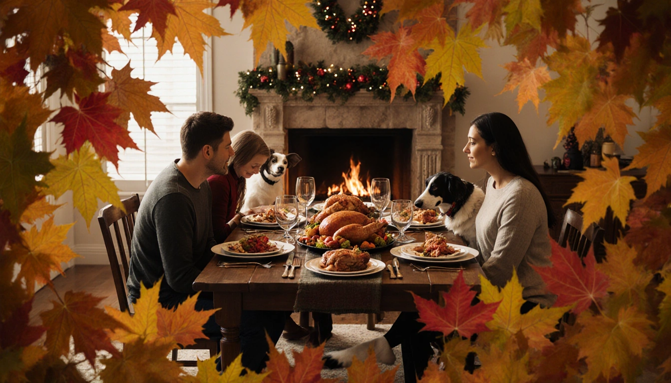 Family sharing a holiday feast with pets around a wooden table near a crackling fireplace and Central Texas autumn leaves