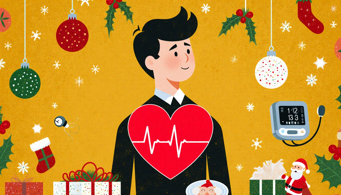 Person standing with holiday lights and a red heart risk zone on chest with golden background and faint ECG monitor on wall.