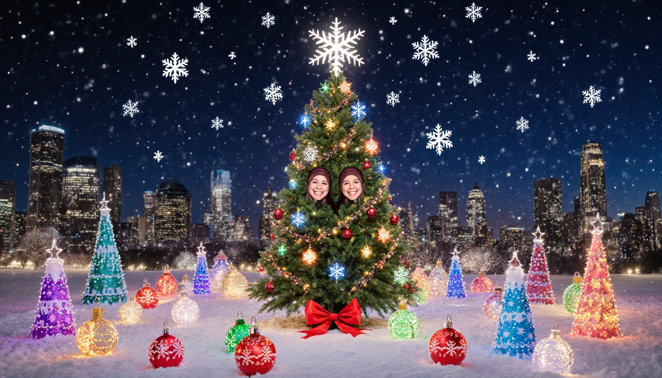 Tree beams with holiday lights and falling snowflakes while twin smiles glow through ornaments and city lights illuminate.