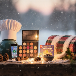 Table displays holiday gifts and treats with rustic wood and warm glow and festive garlands.