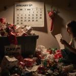 Frazzled shopper examining a torn receipt with a cluttered return bin full of holiday returns and a calendar showing January