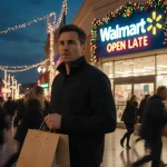 Harried shopper clutching a bag with Walmart sign glowing and Christmas lights swirling in a last-minute holiday crowd at dus