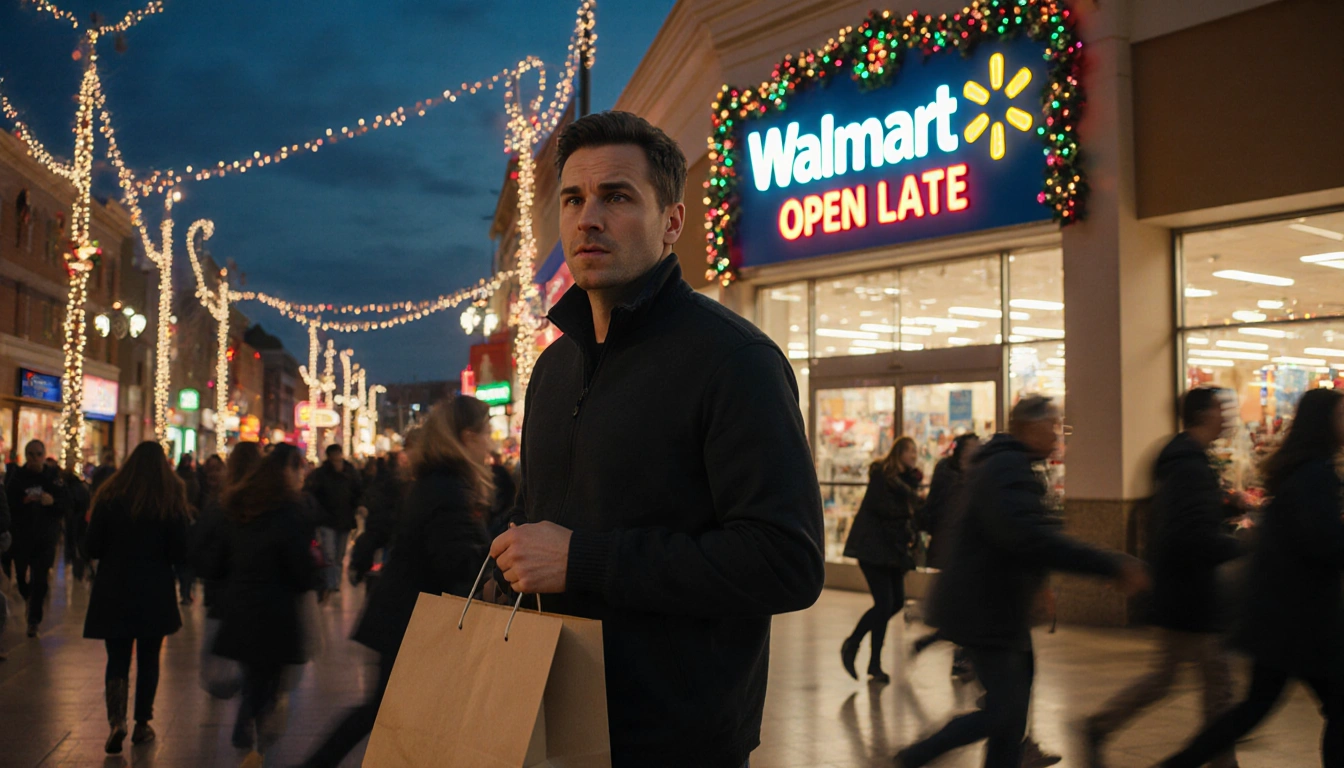 Harried shopper clutching a bag with Walmart sign glowing and Christmas lights swirling in a last-minute holiday crowd at dus