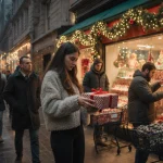 Young woman examining a wrapped gift with holiday storefront lights and bustling shoppers in a shopping street.