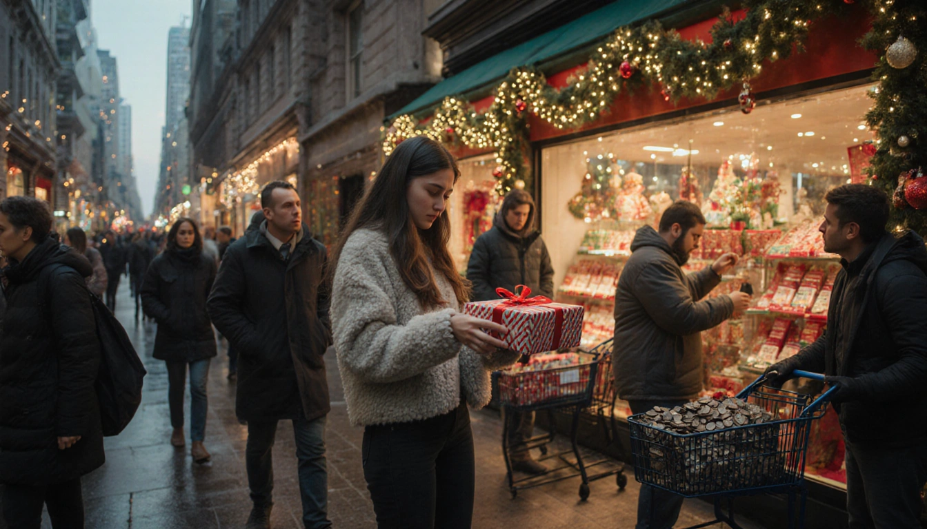 Young woman examining a wrapped gift with holiday storefront lights and bustling shoppers in a shopping street.