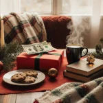 Festive table displays a wrapped cash gift with red paper and a stack of gently used books next to a vintage ornament