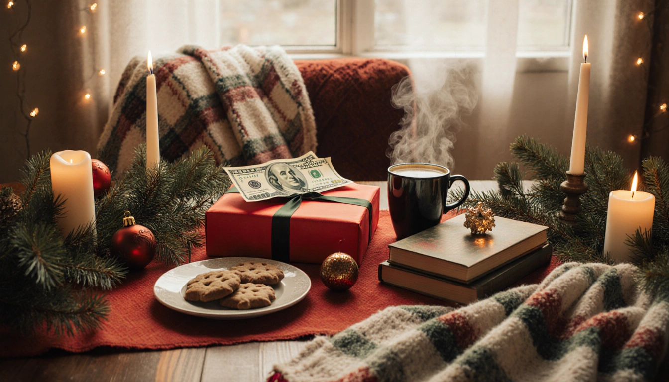 Festive table displays a wrapped cash gift with red paper and a stack of gently used books next to a vintage ornament