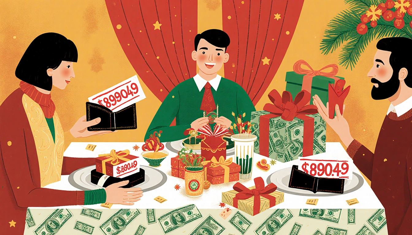 Three people gathering around a festive holiday table with warm lighting wrapped gifts candy boxes and wallets showing $890.4