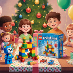 Children playing with LEGO and Bluey playset surrounded by holiday toys balloons and a Christmas tree