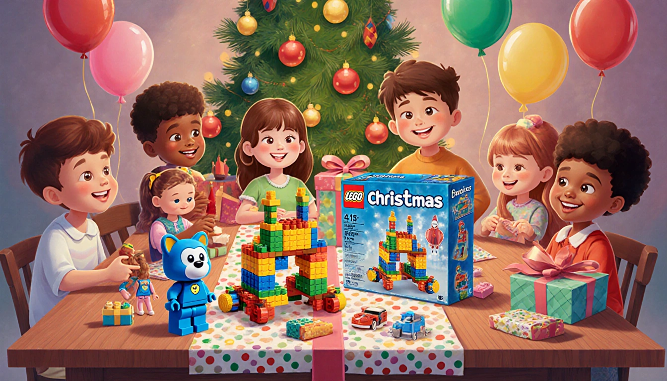 Children playing with LEGO and Bluey playset surrounded by holiday toys balloons and a Christmas tree