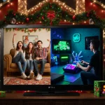 TV screen shows friends watching Stranger Things on couch with warm lighting and a gamer playing Minecraft in neon‑lit room