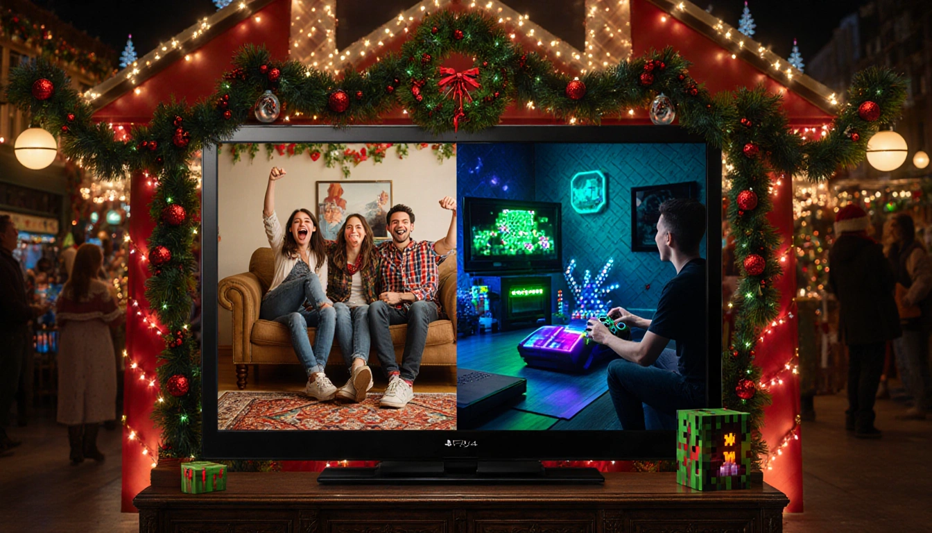 TV screen shows friends watching Stranger Things on couch with warm lighting and a gamer playing Minecraft in neon‑lit room