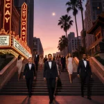 Industry professionals walking up staircases toward camera with Dolby Theatre and Oscars at dusk