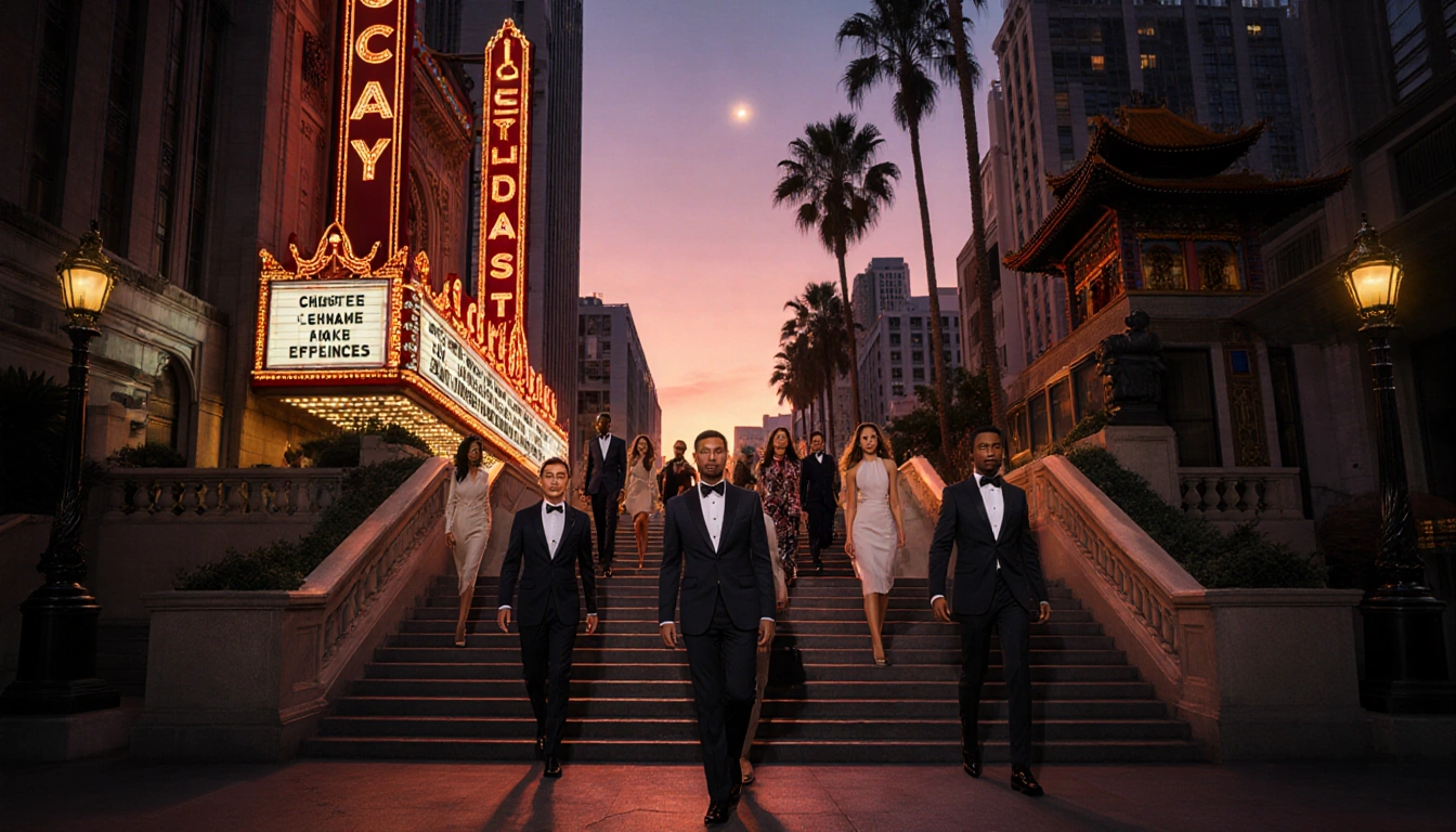 Industry professionals walking up staircases toward camera with Dolby Theatre and Oscars at dusk